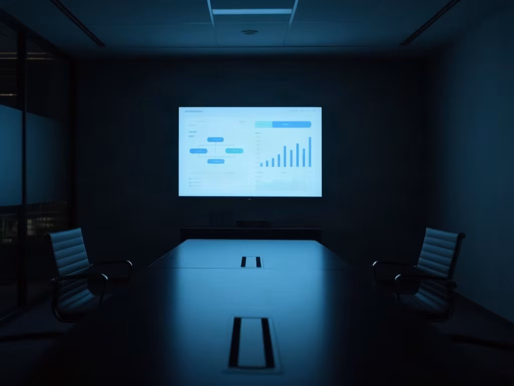 A dark meeting room with a workflow dashboard glowing on the wall screen